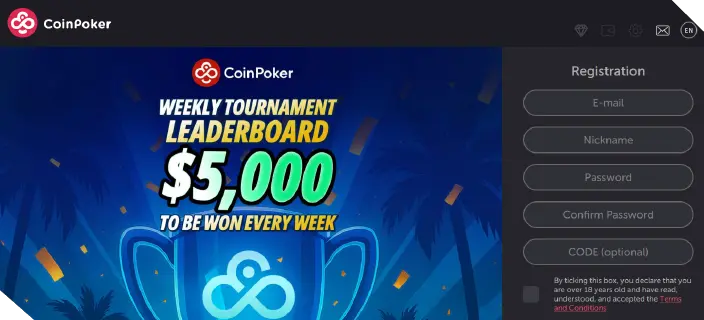 Страница входа в приложение CoinPoker