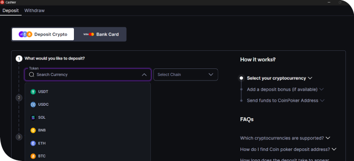 Внесение депозита криптовалютой или банковской картой 